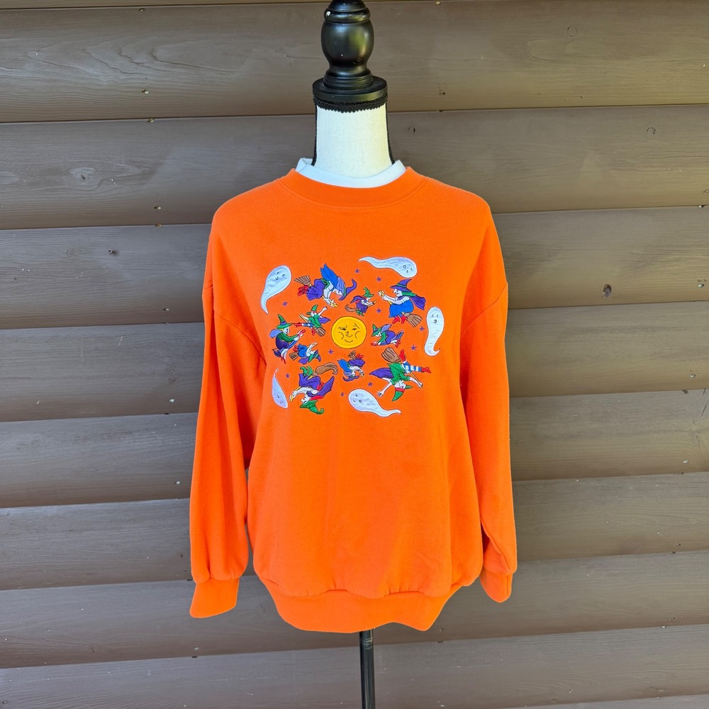 Vintage  Basic Editions Halloween Sweatshirt Womens XL Orange Witches Ghosts